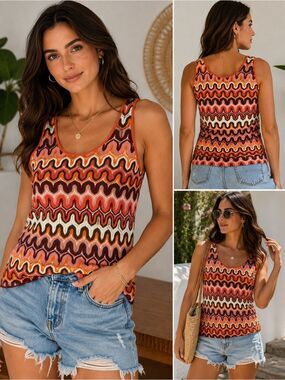 Karen Scott Wavy Stripe Tank Top in Orange, Brown and Cream